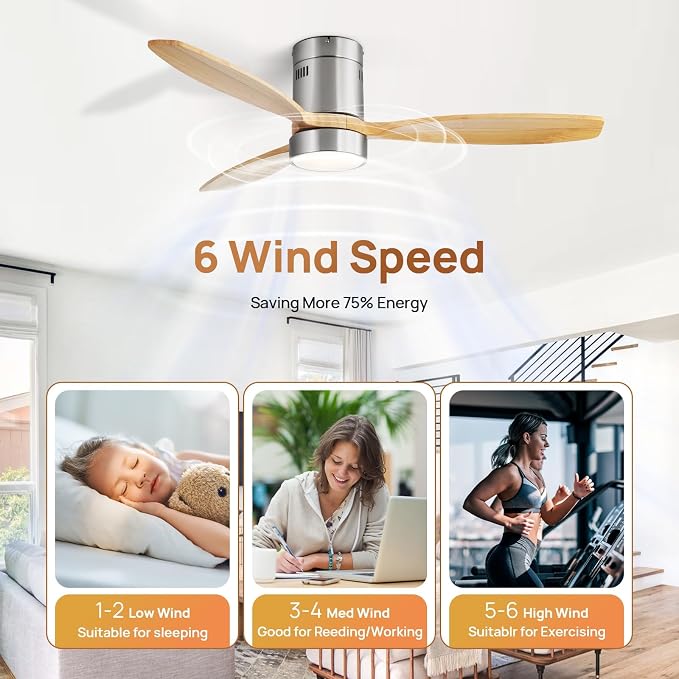 52 Inch Smart Ceiling Fans with Light-Modern Solid Wood Outdoor 3 Blades Ceiling Fan with Light Alexa/Google/APP/Remote