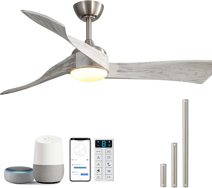 52 Inch Smart Ceiling Fans with Light-Modern Solid Wood Outdoor 3 Blades Ceiling Fan with Light Alexa/Google/APP/Remote
