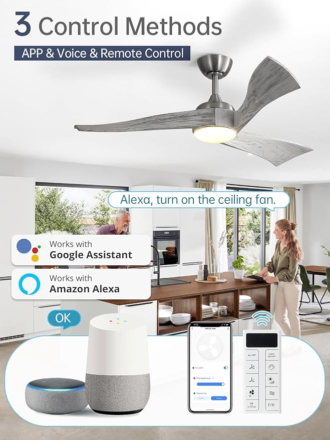 52 Inch Smart Ceiling Fans with Light-Modern Solid Wood Outdoor 3 Blades Ceiling Fan with Light Alexa/Google/APP/Remote