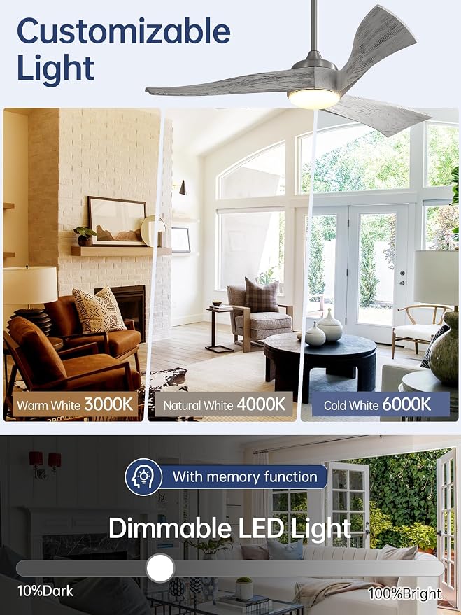 52 Inch Smart Ceiling Fans with Light-Modern Solid Wood Outdoor 3 Blades Ceiling Fan with Light Alexa/Google/APP/Remote