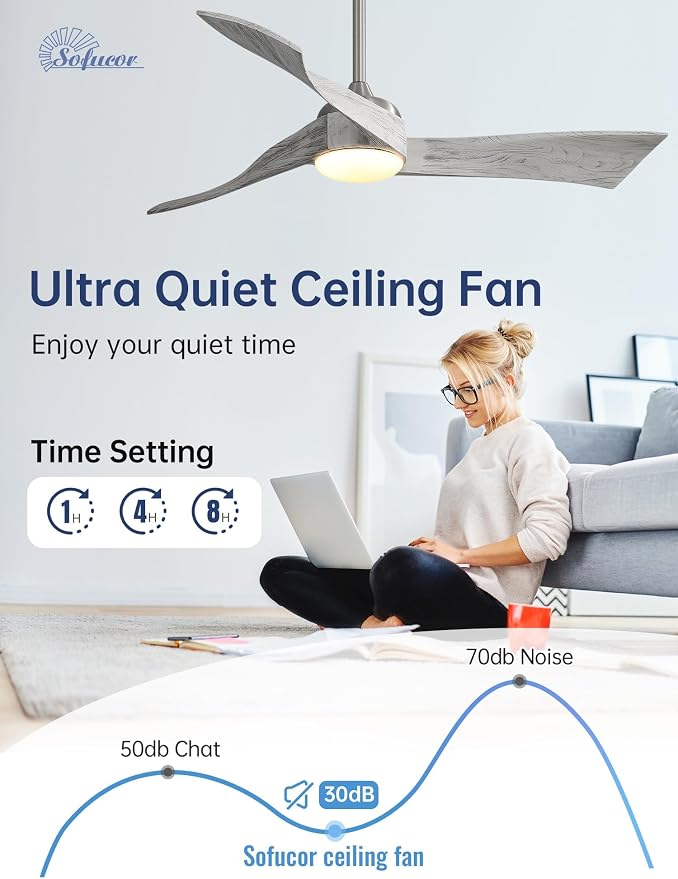 52 Inch Smart Ceiling Fans with Light-Modern Solid Wood Outdoor 3 Blades Ceiling Fan with Light Alexa/Google/APP/Remote