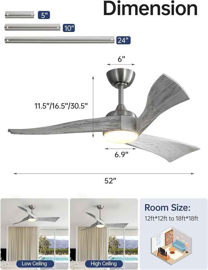 52 Inch Smart Ceiling Fans with Light-Modern Solid Wood Outdoor 3 Blades Ceiling Fan with Light Alexa/Google/APP/Remote