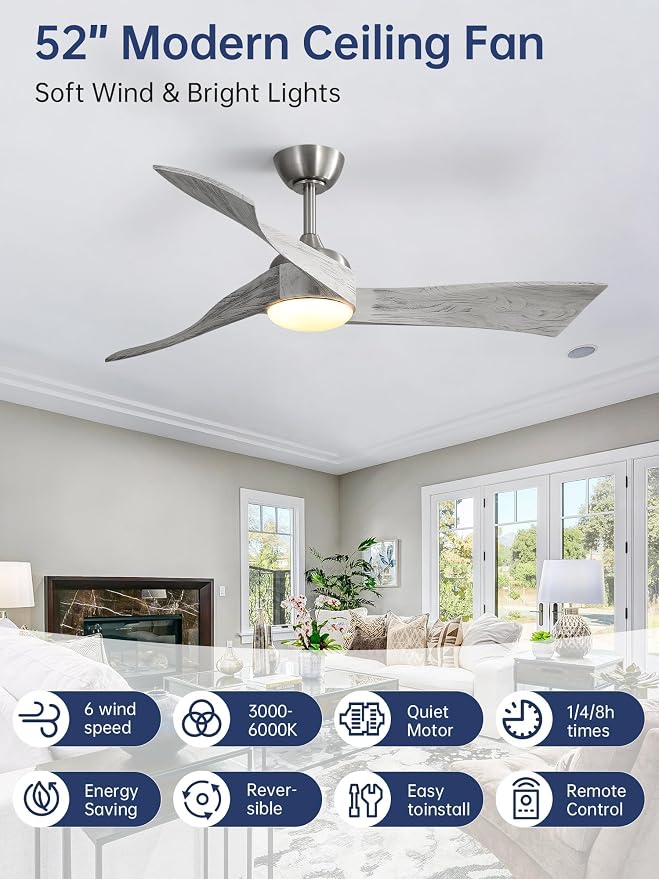 52 Inch Smart Ceiling Fans with Light-Modern Solid Wood Outdoor 3 Blades Ceiling Fan with Light Alexa/Google/APP/Remote