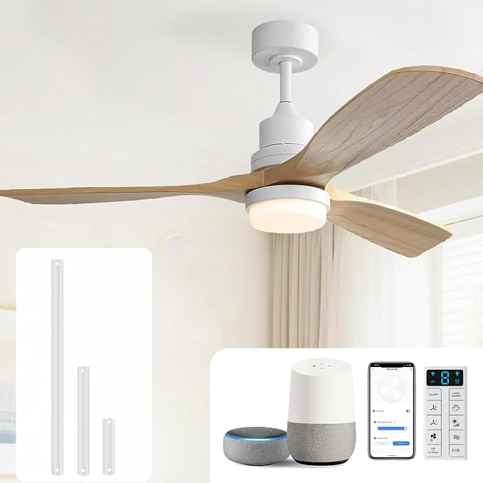 52 Inch Smart Ceiling Fans with Lights and Alexa/Google Assistant/APP/Remote Control-Modern Solid Wood Outdoor 3 Blades