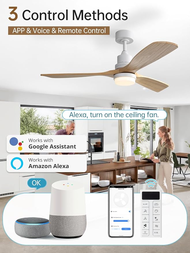 52 Inch Smart Ceiling Fans with Lights and Alexa/Google Assistant/APP/Remote Control-Modern Solid Wood Outdoor 3 Blades