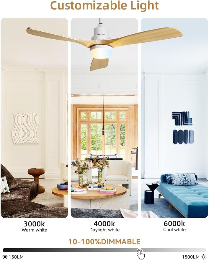 52 Inch Smart Ceiling Fans with Lights and Alexa/Google Assistant/APP/Remote Control-Modern Solid Wood Outdoor 3 Blades