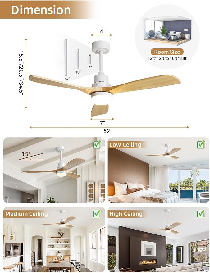 52 Inch Smart Ceiling Fans with Lights and Alexa/Google Assistant/APP/Remote Control-Modern Solid Wood Outdoor 3 Blades
