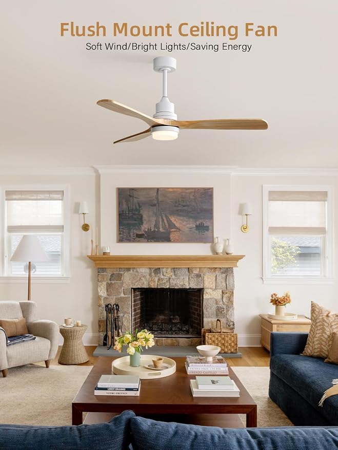 52 Inch Smart Ceiling Fans with Lights and Alexa/Google Assistant/APP/Remote Control-Modern Solid Wood Outdoor 3 Blades