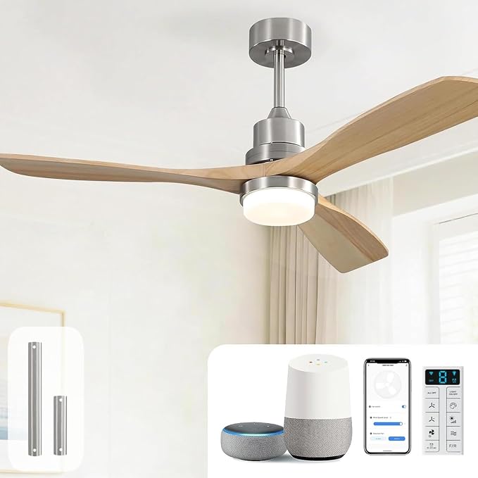52 Inch Smart Ceiling Fans with Lights and Alexa/Google Assistant/APP/Remote Control-Modern Outdoor 3 Solid Wood Blades