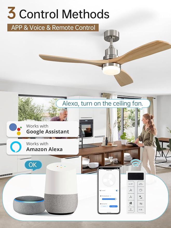 52 Inch Smart Ceiling Fans with Lights and Alexa/Google Assistant/APP/Remote Control-Modern Outdoor 3 Solid Wood Blades