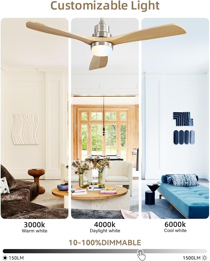 52 Inch Smart Ceiling Fans with Lights and Alexa/Google Assistant/APP/Remote Control-Modern Outdoor 3 Solid Wood Blades