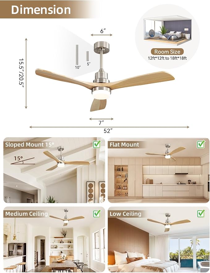 52 Inch Smart Ceiling Fans with Lights and Alexa/Google Assistant/APP/Remote Control-Modern Outdoor 3 Solid Wood Blades