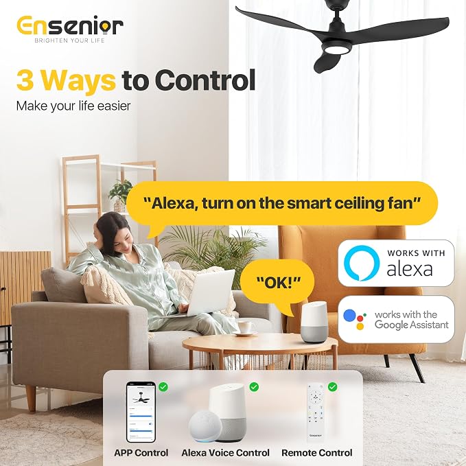 52 Inch Smart Ceiling Fans with Lights and Remote, Control via Alexa Google Voice App, 3000K-6000K Dimmable LED, alternate