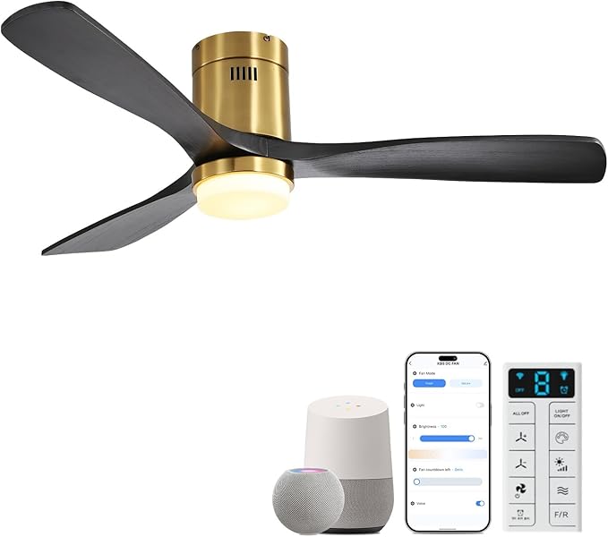 52 Inch Smart Ceiling Fans with Lights-Flush Mount Low Profile Modern Outdoor Solid Wood Ceiling Fans with Alexa/Google