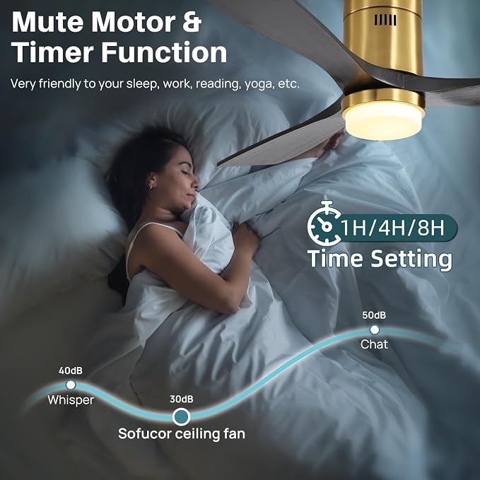 52 Inch Smart Ceiling Fans with Lights-Flush Mount Low Profile Modern Outdoor Solid Wood Ceiling Fans with Alexa/Google