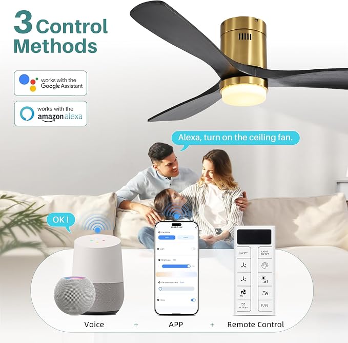 52 Inch Smart Ceiling Fans with Lights-Flush Mount Low Profile Modern Outdoor Solid Wood Ceiling Fans with Alexa/Google