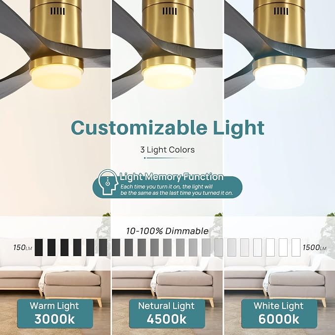 52 Inch Smart Ceiling Fans with Lights-Flush Mount Low Profile Modern Outdoor Solid Wood Ceiling Fans with Alexa/Google