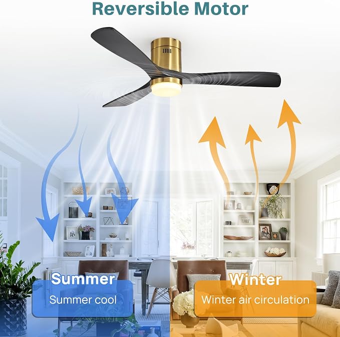 52 Inch Smart Ceiling Fans with Lights-Flush Mount Low Profile Modern Outdoor Solid Wood Ceiling Fans with Alexa/Google