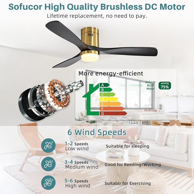 52 Inch Smart Ceiling Fans with Lights-Flush Mount Low Profile Modern Outdoor Solid Wood Ceiling Fans with Alexa/Google