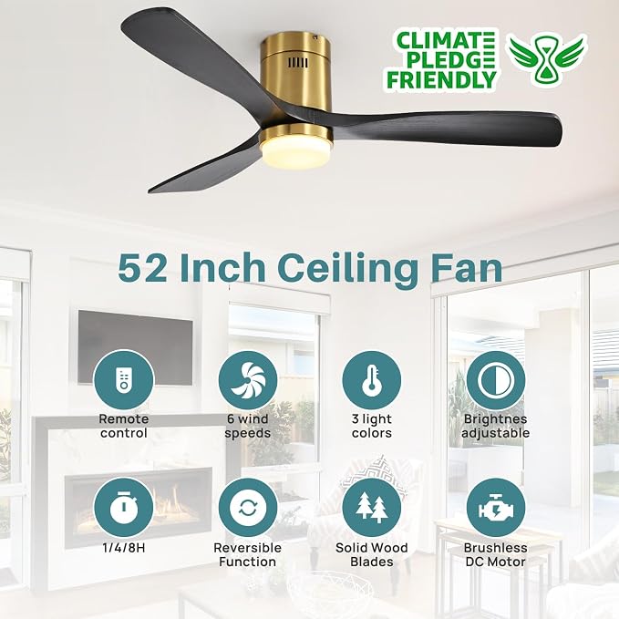 52 Inch Smart Ceiling Fans with Lights-Flush Mount Low Profile Modern Outdoor Solid Wood Ceiling Fans with Alexa/Google