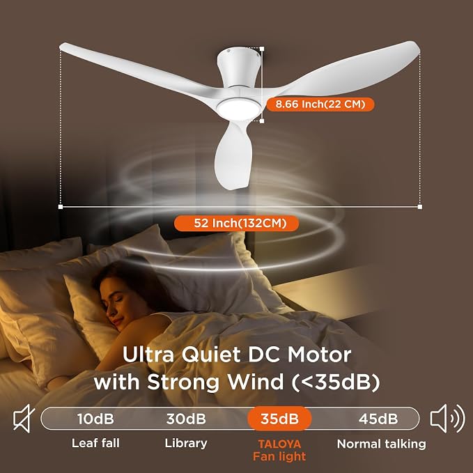52 Inch Smart Ceiling Fans with Lights Led Remote Control Flush Mount Low Profile for Bedroom Farmhouse Patio Outdoor Living