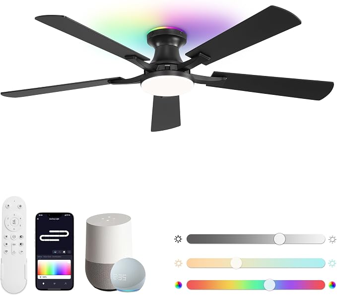 52 Inch Smart Ceiling Fans with RGB Lights, Low Profile Flush Mount Ceiling Fan with Alexa/App/Remote Control, Dimmable 20W