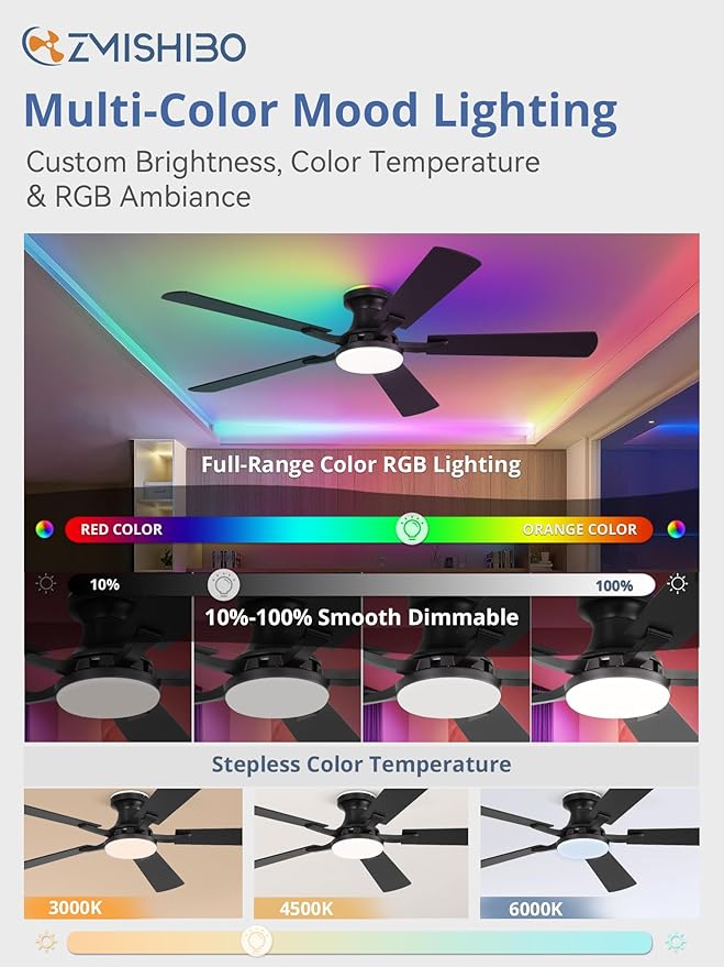 52 Inch Smart Ceiling Fans with RGB Lights, Low Profile Flush Mount Ceiling Fan with Alexa/App/Remote Control, Dimmable 20W