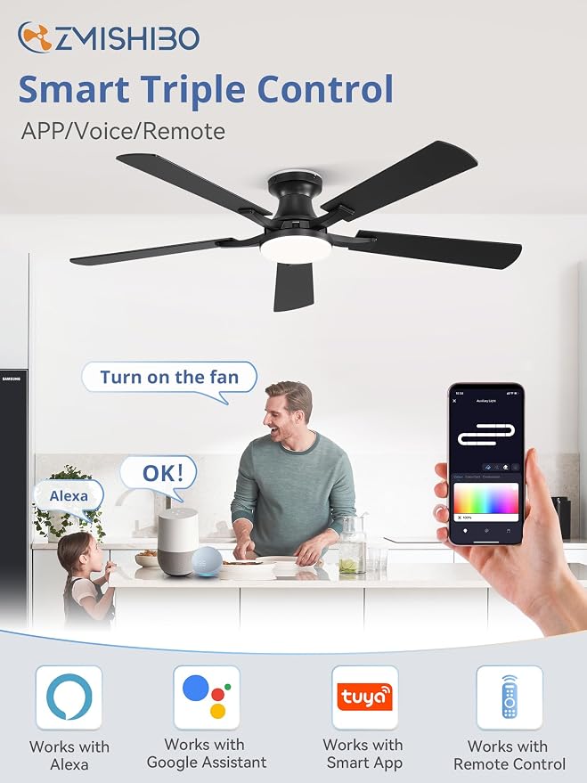 52 Inch Smart Ceiling Fans with RGB Lights, Low Profile Flush Mount Ceiling Fan with Alexa/App/Remote Control, Dimmable 20W