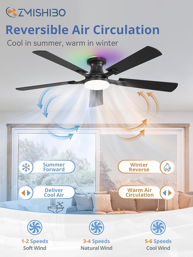 52 Inch Smart Ceiling Fans with RGB Lights, Low Profile Flush Mount Ceiling Fan with Alexa/App/Remote Control, Dimmable 20W