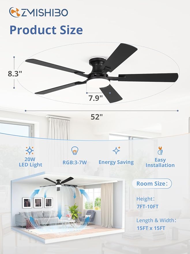 52 Inch Smart Ceiling Fans with RGB Lights, Low Profile Flush Mount Ceiling Fan with Alexa/App/Remote Control, Dimmable 20W