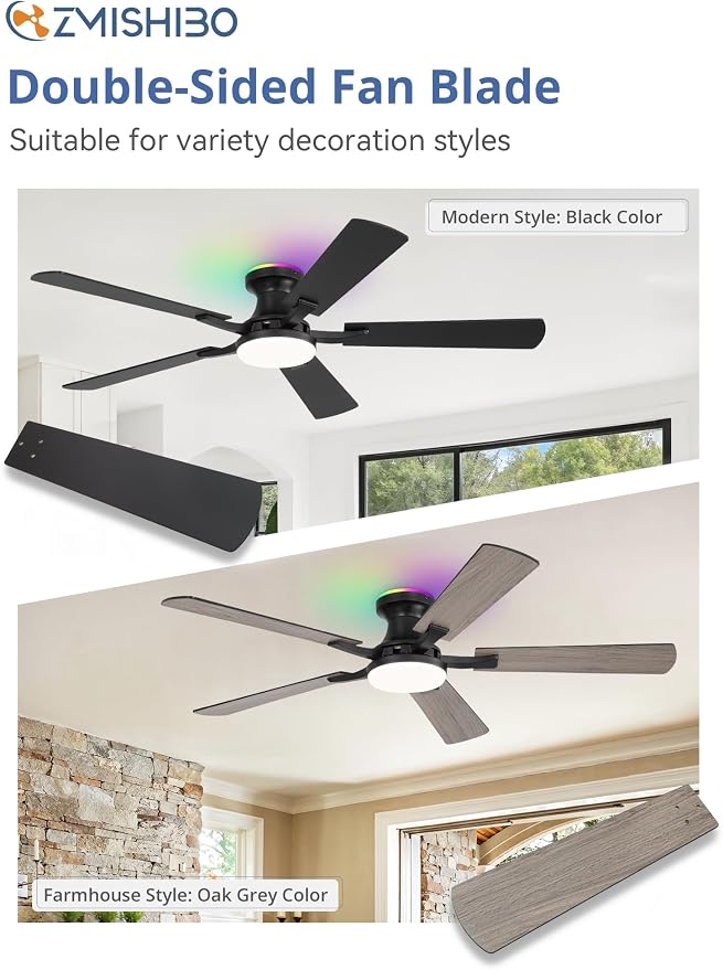 52 Inch Smart Ceiling Fans with RGB Lights, Low Profile Flush Mount Ceiling Fan with Alexa/App/Remote Control, Dimmable 20W