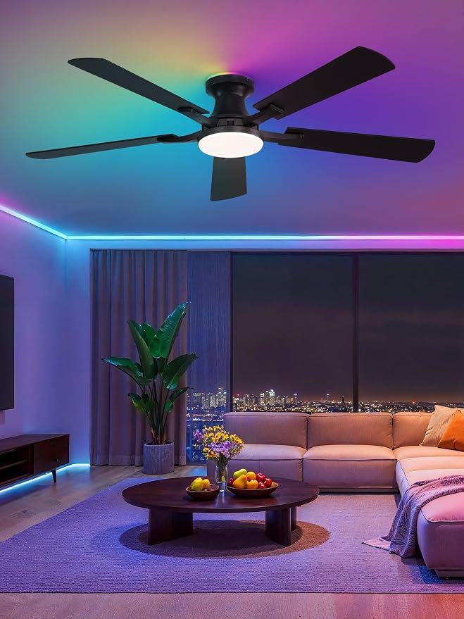 52 Inch Smart Ceiling Fans with RGB Lights, Low Profile Flush Mount Ceiling Fan with Alexa/App/Remote Control, Dimmable 20W