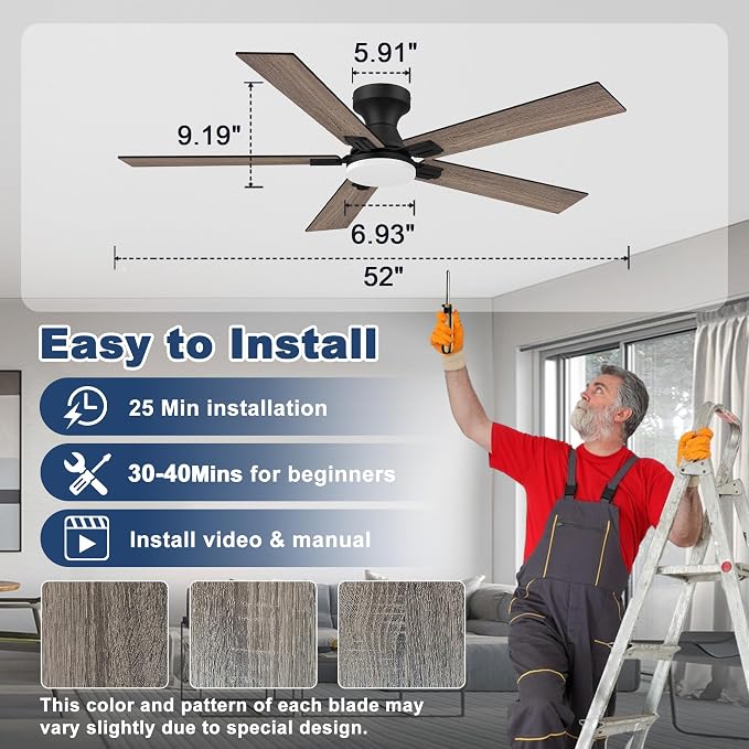 52 inch Smart Low Profile Ceiling Fan with Lights Remote,Control via Alexa APP WIFI,Quite DC Motor,Dimmable LED,Flush Mount