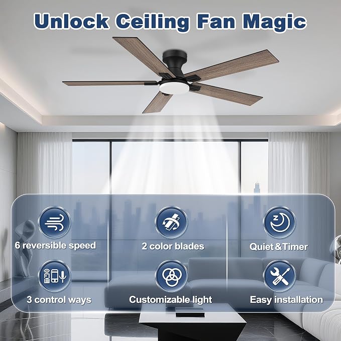 52 inch Smart Low Profile Ceiling Fan with Lights Remote,Control via Alexa APP WIFI,Quite DC Motor,Dimmable LED,Flush Mount