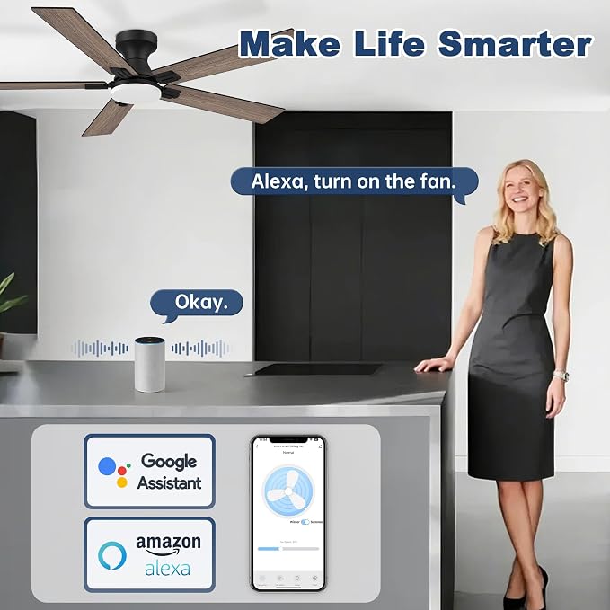 52 inch Smart Low Profile Ceiling Fan with Lights Remote,Control via Alexa APP WIFI,Quite DC Motor,Dimmable LED,Flush Mount