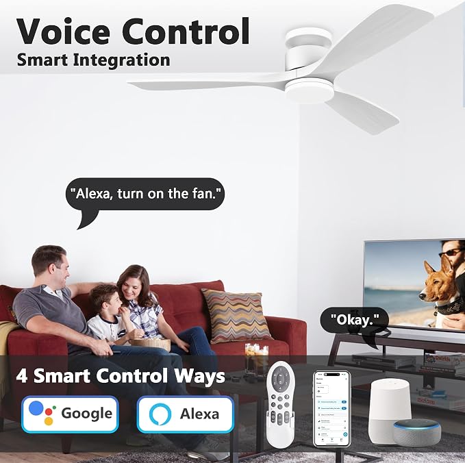 52 Inch Smart Low Profile Ceiling Fans,Solid Wood Outdoor Indoor Ceiling Fan with Lights Remote,WIFI Alexa App Control,Quiet