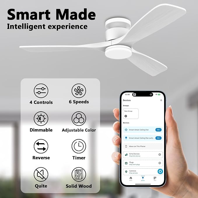 52 Inch Smart Low Profile Ceiling Fans,Solid Wood Outdoor Indoor Ceiling Fan with Lights Remote,WIFI Alexa App Control,Quiet