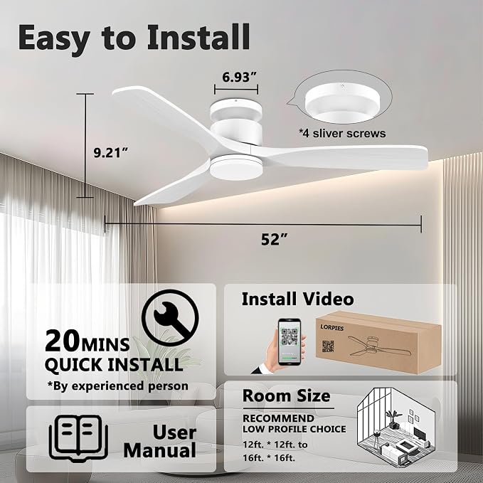 52 Inch Smart Low Profile Ceiling Fans,Solid Wood Outdoor Indoor Ceiling Fan with Lights Remote,WIFI Alexa App Control,Quiet