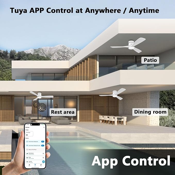 52 Inch Smart Low Profile Ceiling Fans,Solid Wood Outdoor Indoor Ceiling Fan with Lights Remote,WIFI Alexa App Control,Quiet