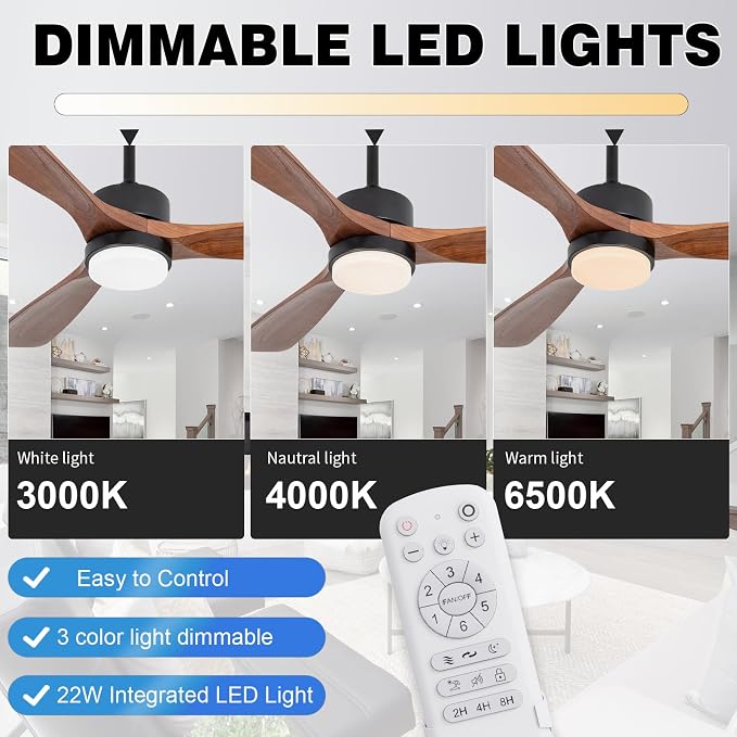 52 Inch Solid Wood Ceiling Fans With Lights, Low Profile Ceiling Fan with Light and Remote, Reversible DC Motor, Indoor