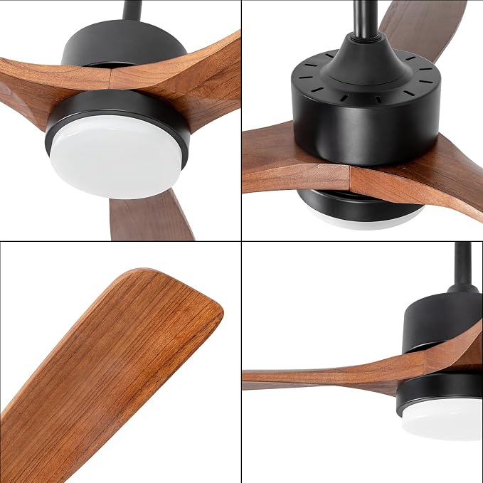 52 Inch Solid Wood Ceiling Fans With Lights, Low Profile Ceiling Fan with Light and Remote, Reversible DC Motor, Indoor