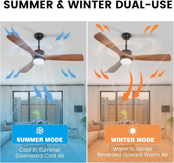 52 Inch Solid Wood Ceiling Fans With Lights, Low Profile Ceiling Fan with Light and Remote, Reversible DC Motor, Indoor