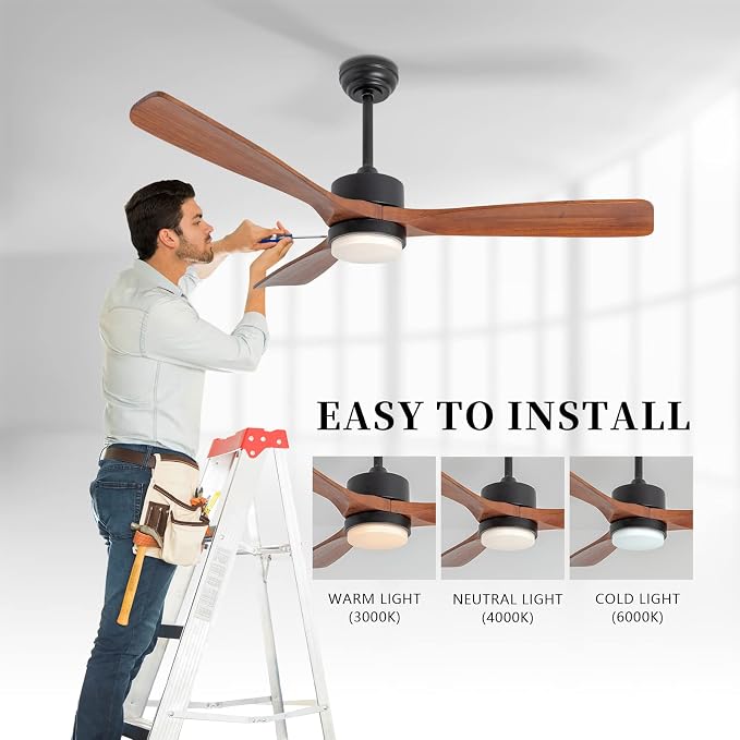 52 Inch Solid Wood Ceiling Fans With Lights, Low Profile Ceiling Fan with Light and Remote, Reversible DC Motor, Indoor