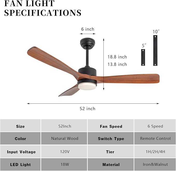 52 Inch Solid Wood Ceiling Fans With Lights, Low Profile Ceiling Fan with Light and Remote, Reversible DC Motor, Indoor