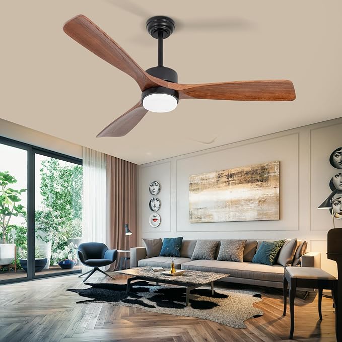 52 Inch Solid Wood Ceiling Fans With Lights, Low Profile Ceiling Fan with Light and Remote, Reversible DC Motor, Indoor