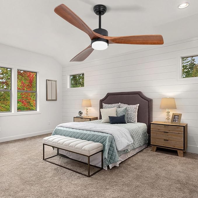 52 Inch Solid Wood Ceiling Fans With Lights, Low Profile Ceiling Fan with Light and Remote, Reversible DC Motor, Indoor