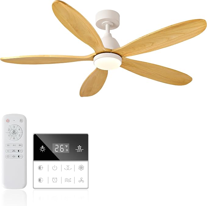 52 Inch Solid Wood Ceiling Fans With Lights, Remote Control, Dimmable, Reversible, Wood Blades, Power-Off Memory, Quiet DC