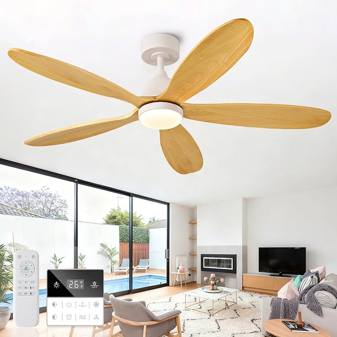 52 Inch Solid Wood Ceiling Fans With Lights, Remote Control, Dimmable, Reversible, Wood Blades, Power-Off Memory, Quiet DC