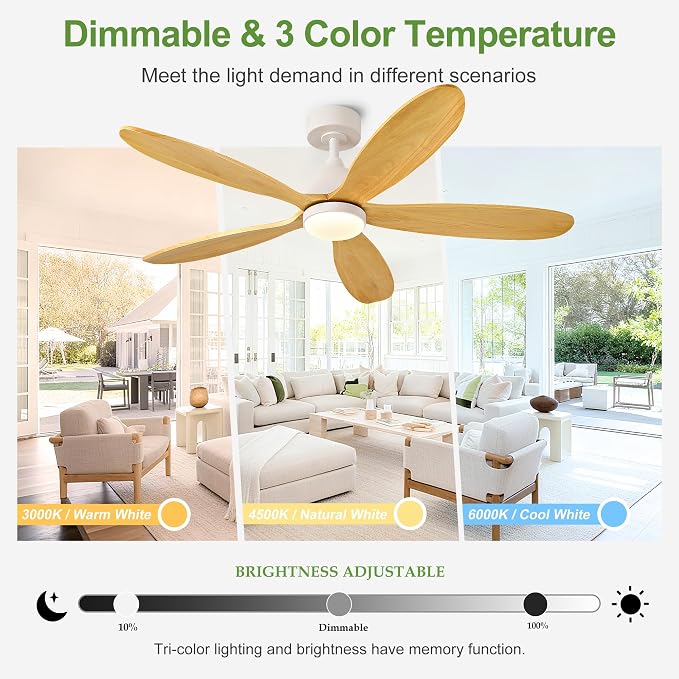 52 Inch Solid Wood Ceiling Fans With Lights, Remote Control, Dimmable, Reversible, Wood Blades, Power-Off Memory, Quiet DC