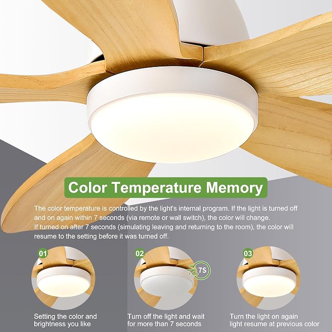 52 Inch Solid Wood Ceiling Fans With Lights, Remote Control, Dimmable, Reversible, Wood Blades, Power-Off Memory, Quiet DC